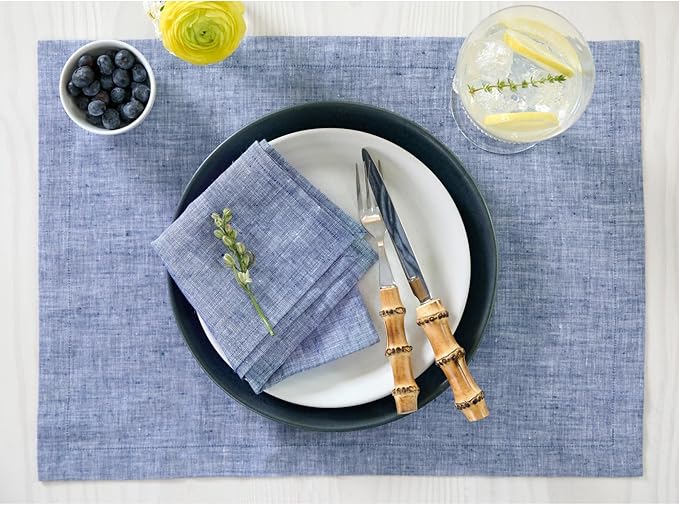 Solino Home Linen Cloth Napkins Set of 4-100% Pure Linen Chambray Indigo Dinner Napkins 20 x 20 Inch - Athena, Handcrafted and Machine Washable - Christmas, Holiday, Winter