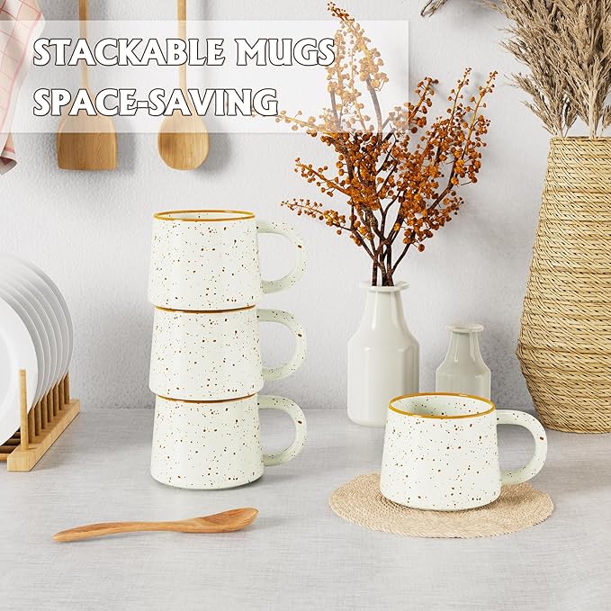 12 oz Coffee Mugs Set of 4, Modern Stackable Coffee Cups Set for Latte, Hot Tea, Cappuccino, Ceramic Coffee Mug Tea Cup, Dishwasher & Microwave Safe, Housewarming Wedding Present (Beige)