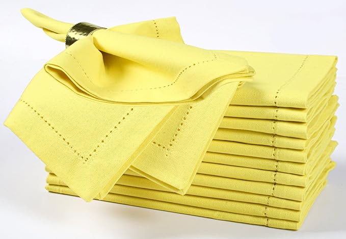 Bedding Craft Hemstitched Cotton Cloth Dinner Napkins Set of 12 – 18x18 Golden Kiwi – Reusable Machine Washable Fabric Napkins for Weddings, Thanksgiving, Christmas & Events