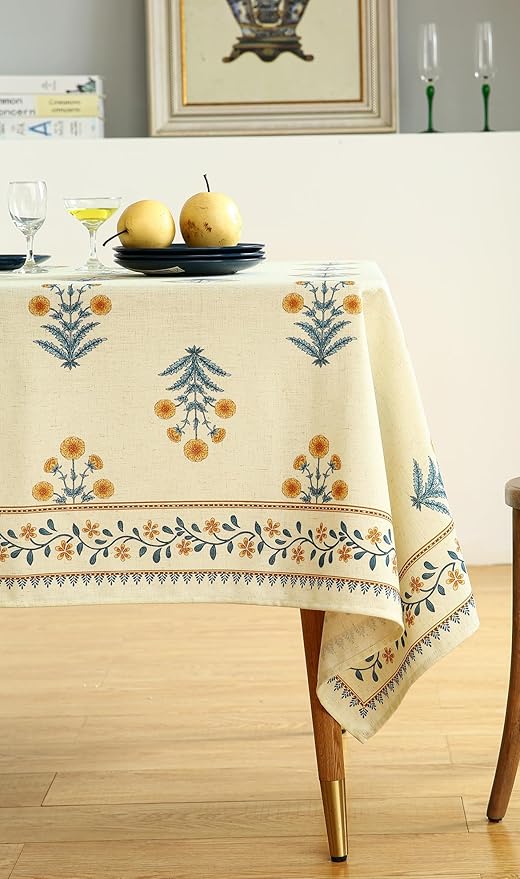 French Tablecloth for Rectangle Tables,Linen Table Cloth with Yellow Flowers and Leavs Pattern,Heavy Durable Table Cover for Dining Thanksgiving Kitchen Decor Party Christmas,67"*118"