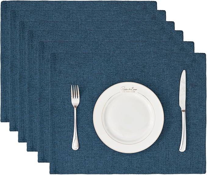 BALCONY & FALCON Placemats Set of 6 Faux Linen Cloth Place Mats Washable Waterproof Wrinkle Resistant Table Placemats for Dining Kitchen Farmhouse Indoor & Outdoor Use(Navy Blue, 13.8”x 17.7”