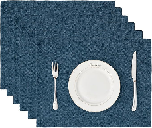BALCONY & FALCON Placemats Set of 6 Faux Linen Cloth Place Mats Washable Waterproof Wrinkle Resistant Table Placemats for Dining Kitchen Farmhouse Indoor & Outdoor Use(Navy Blue, 13.8”x 17.7”