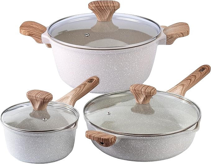 Country Kitchen Non-Stick Cast Aluminum Cookware Set - Durable Kitchen Cookware for Everyday Cooking, Speckled Cream, 6 Pc.