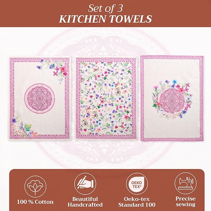 Maison d' Hermine Kitchen Towels Set of 3 100% Cotton 27.50" x 20" Reusable Cloth Tea Dish Towels Absorbent with Hanging Loop for Kitchen, Home, Dining, Cocktail Parties Spring/Summer (Chardon)