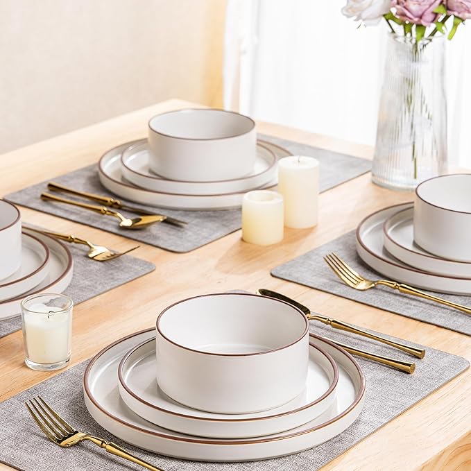 LERATIO Ceramic Dinnerware Sets for 4, High Edge Stoneware Plates and Bowls Set, Chip and Crack Resistant | Oven & Dishwasher & Microwave Safe Dishes Set, Service for 4 -Vanilla White