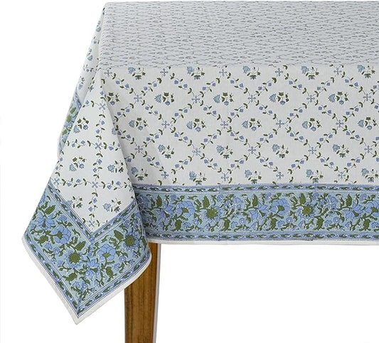 Ridhi Powder Blue Hand Block Print Cotton Rectangle Tablecloth 108 x 70 inches Reusable Table Cover Decorative Everyday Use for Dining Room, Farmhouse, Home, Party, Festive & Wedding, Fall