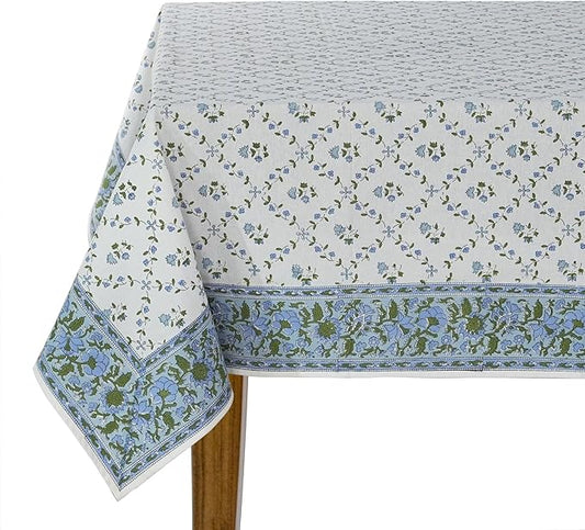 Ridhi Blue Block Print Table Cloths 100% Cotton 60 Inch x 60 Inch Decorative Washable Rectangle Tablecloth Table Cloth, Dining, Kitchen, Parties & Camping, Faience - Spring/Summer