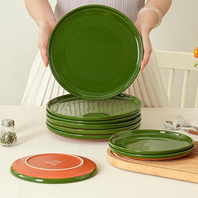 Stoneware Salad Plates Set of 4, 8 Inch Plates for Dessert, Ceramic Plates Sets, Microwave Safe, Dishwasher Safe, Versatile for All Seasons, Forest Glaze Green