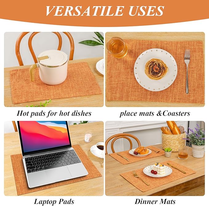 SHACOS Fall Placemats Set of 4 Washable Cloth Double Layer Thick Faux Linen Fabric Table Place Mats Non Slip Table Mats for Thanksgiving Indoor Outdoor, Orange
