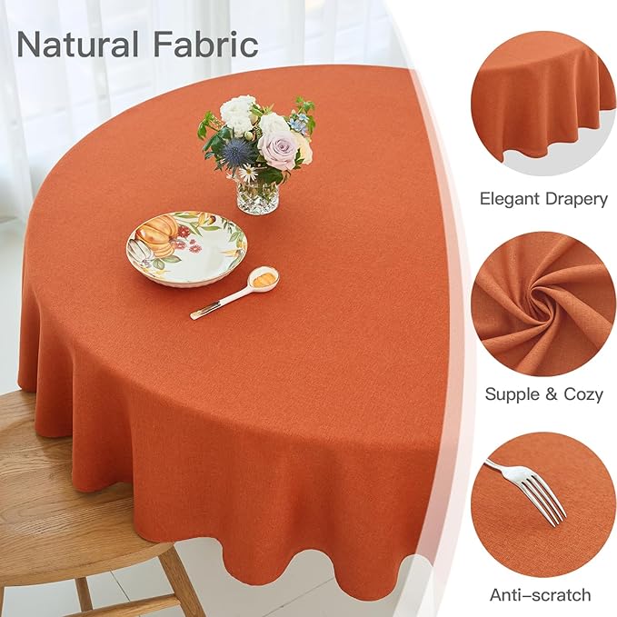 maxmill Round Linen Textured Fall Tablecloth Spill-Proof Wrinkle Free Table Cloth for Circular Table Cover, Halloween Tablecloths, Dining Room Harvest Thanksgiving Pary Holiday Dinner, 70 Inch, Rust