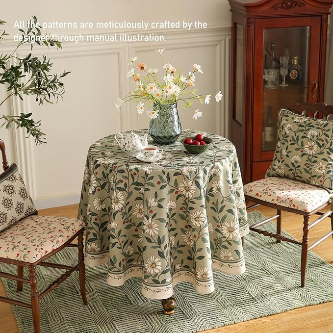 French Tablecloth for Round Tables,Linen Table Cloth with Colorful Flowers and Leaves Pattern,Heavy Durable Table Cover for Dining Kitchen Decor Party Banquet Christmas,Diameter 55"