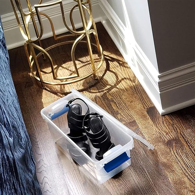 HOMZ 5-Pack Latching Lid, Clear Plastic Storage Organizer Bins, 7.5 Quart, Blue Latch - Stackable Organizing Containers for Home, Garage, and Office