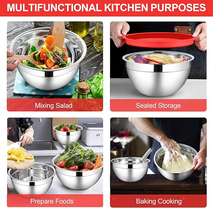 LIANYU 6 Pack Stainless Steel Mixing Bowls with Lids Sets, Large Size 7, 3.5, 2.5, 2, 1.5, 1QT, Metal Nesting Salad Bowl, Ideal for Kitchen Prepping, Cooking, Freezer Storage, Dishwasher Safe, Red