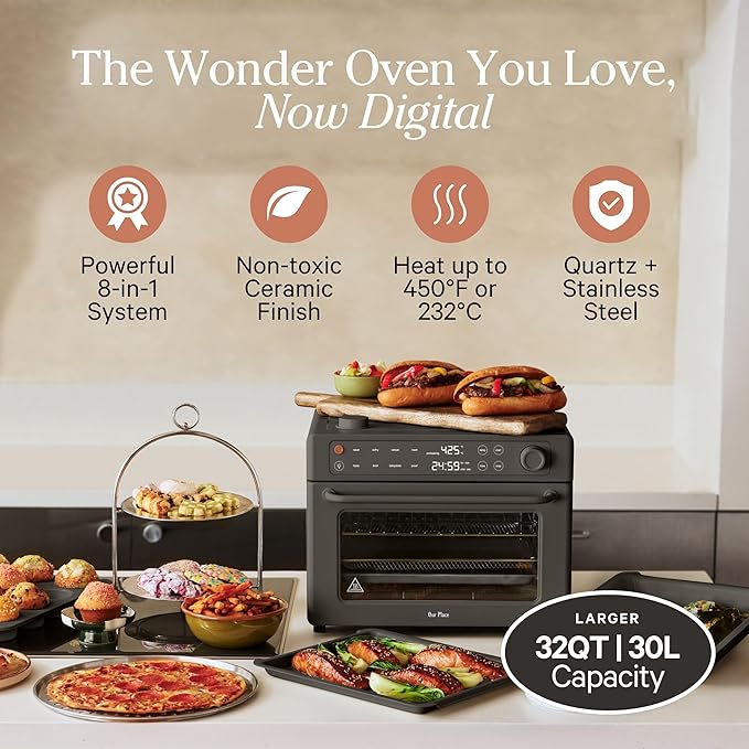 Our Place Large Wonder Oven Pro | 8-in-1 Digital Countertop Oven with Large 32Qt quarts | Non-toxic, Quartz & Stainless Steel | Air Fry, Toast, Roast, Bake, Broil, Reheat & Dehydrate | Char