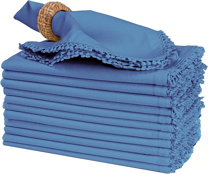 Bedding Craft Cotton Cloth Dinner Napkins Set of 12 – 18x18 Light Blue with Decorative Lace Selvedge – Elegant Machine Washable Fabric Napkins for Weddings, Parties, Baby Showers & Dining
