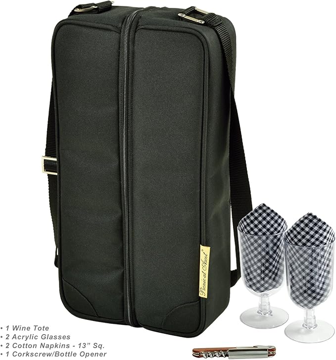 Picnic at Ascot Insulated Wine Tote with 2 Wine Glasses, Napkins and Corkscrew -Designed & Assembled in the USA