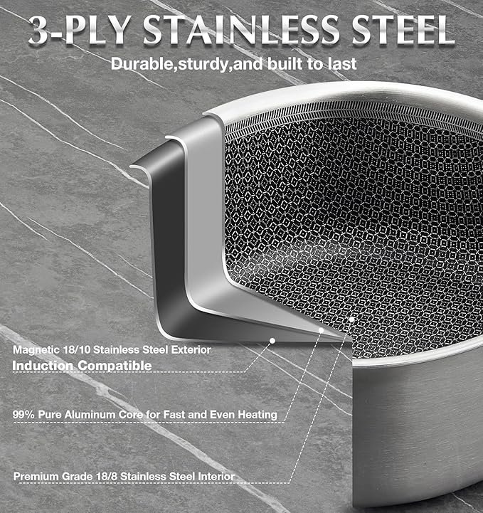 KOCH SYSTEME CS Hybrid Nonstick Stainless Steel Saucepan Set with Steamer Insert, 7PCS Triply Stainless Steel Pot Set 1Qt, 2Qt & 3Qt, 18/10 Steel Sauce Pan Set with Lids, Induction & Oven Safe