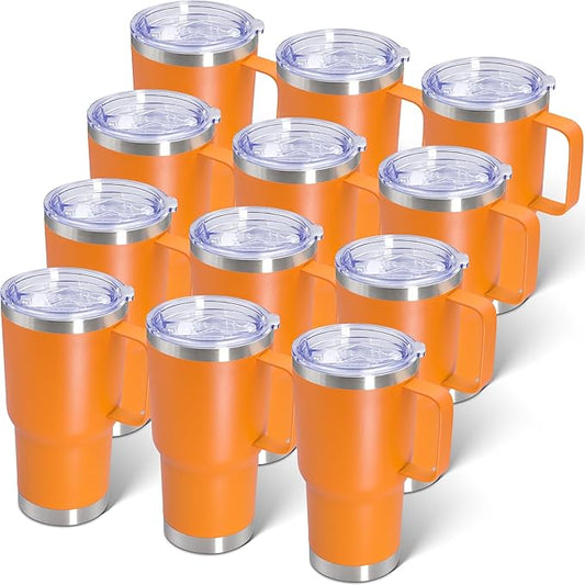20 oz Tumbler with Handle and Lid, Stainless Steel Tumbler Insulated Travel Coffee Mug, Spill Proof Double Wall Vacuum Tumbler Cup Keep Drink Hot & Cold,Orange, 12 Pack