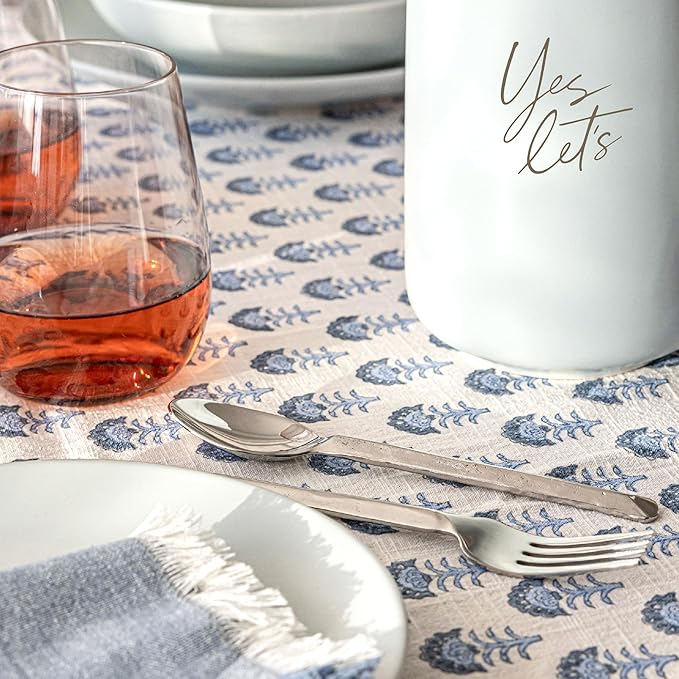 over&back Hand-Screened Tablecloth - Dining Table Cover - Each Tablecloth is Unique - 100% Cotton - Machine Washable - Kitchen and Home Decor - Blue Flower - 70x90