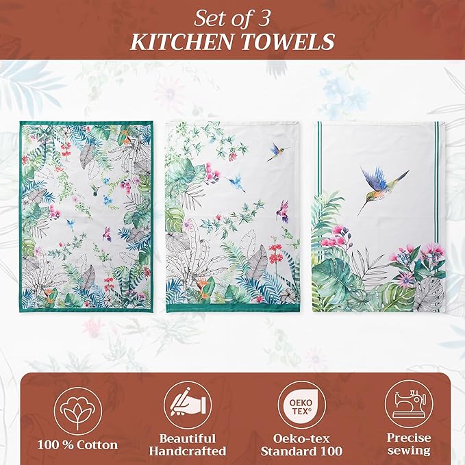 Maison d' Hermine Kitchen Towels Set of 3 100% Cotton 27.50" x 20" Reusable Cloth Tea Dish Towels Absorbent with Hanging Loop for Kitchen, Home, Dining, Cocktail Parties Spring/Summer (Tropiques)