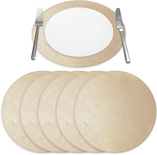 Placemats Set of 6 – Round 15” Faux Leather Table Mats for Dining, Heat Resistant & Non-Slip Washable Table, Indoor, Outdoor, Dining Table Set for 6, Modern Kitchen & Holiday Use, Champagne