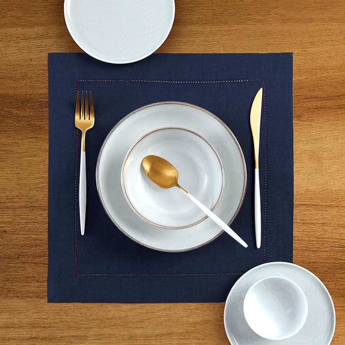 Solino Home Square Placemats Set of 4-100% Pure Linen Navy Blue Cloth Placemats 14 x 14 Inch - Classic Hemstitch, Machine Washable Place Mats for Fall, Autumn, Thanksgiving, Winter