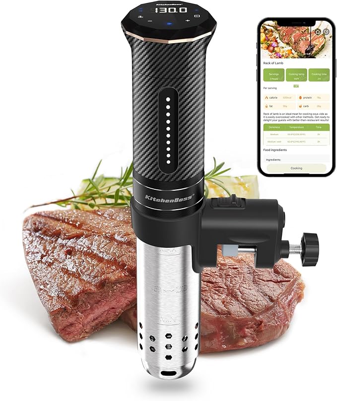 KitchenBoss Wifi Sous Vide Cooker: Ultra-quiet Sous Vide Machine Immersion Circulator APP Control, IPX7 Waterproof All-stainless Steel 1100W Sous Vide Precision Cooker Fast-Heating, Carbon Black