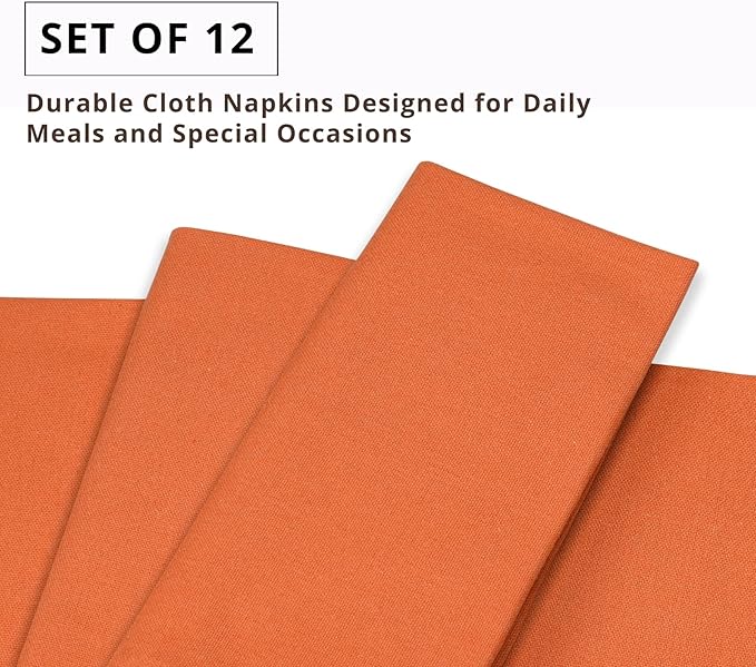 PurpleEssences Set of 12 Cloth Dinner Napkins 100% Cotton 18x18 Inch - Soft Durable Washable - Ideal for Farmhouse Party Fall Thanksgiving - Perfect Everyday Use Table Linen - Orange