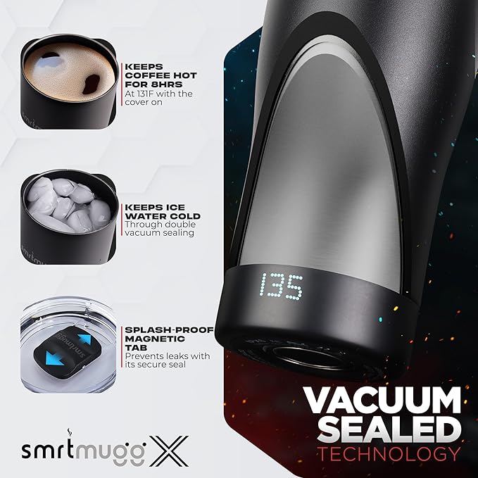 X Heated Coffee Mug 19 oz., 8 Hour Battery Life, Self-Heating, Adjustable Temp Controlled, LCD Screen, One Button Temperature Adjustment, Includes Cover with Magnetic Slider (Black) (Black)