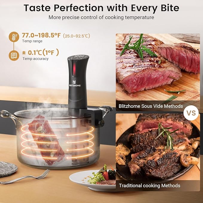 BLITZHOME Sous Vide Machine, 1100W Sous Vide Cooker with Accurate Temperature & Timer, Ultra Quiet Stainless Precision Immersion Circulator Device, Kitchen Gadgets with Recipes…