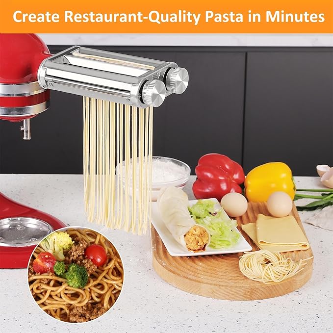 Pasta Maker Attachment for KitchenAid Mixers,3 in 1 Set Included Pasta Sheet Roller, Spaghetti and Fettuccine Cutter Accessories