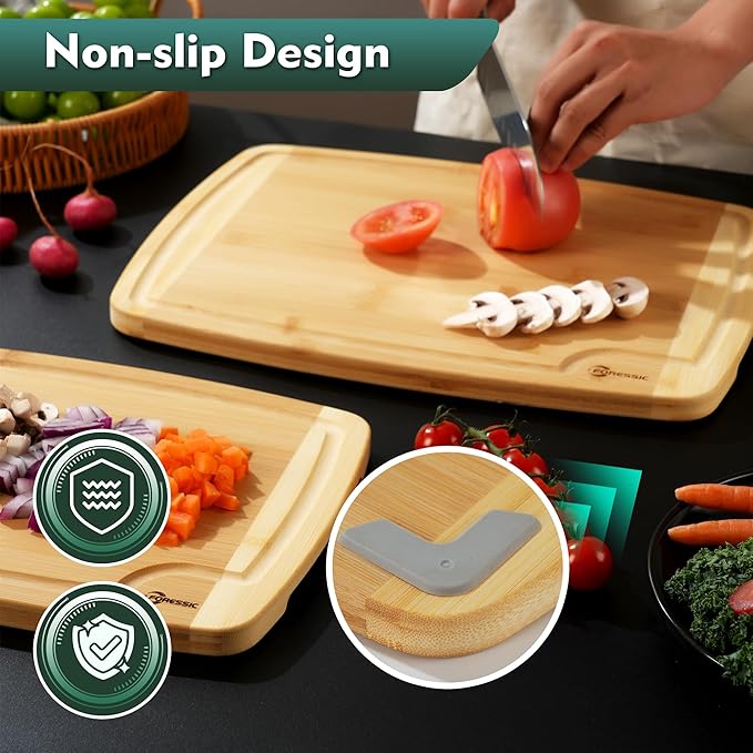 Bamboo Cutting Board Set Non Slip Feet Butcher Block 2-Pcs With Smooth Surface Knife-Friendly and Easy Storage For Kitchens Meal Prep & Serving Kitchen Gadgets
