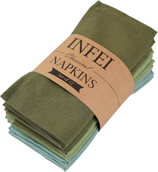 Solid Color Linen Blended Thin Dinner Cloth Napkins - Set of 12 (40 x 40 cm) - for Events & Home Use (Multi Green)