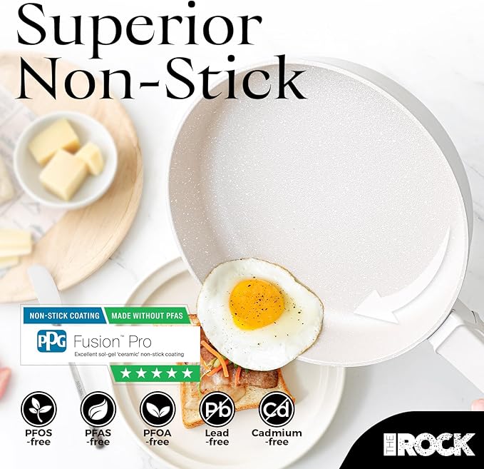 THE ROCK SOHO 15Pcs Ceramic Cookware Set – Non toxic Pots and Pans Set Non Stick with ROCK.TEC – Nothing Sticks, Never Warps, Lasts Longer, PTFE PFOA & PFAS Free, Induction & Dishwasher Safe, Cream