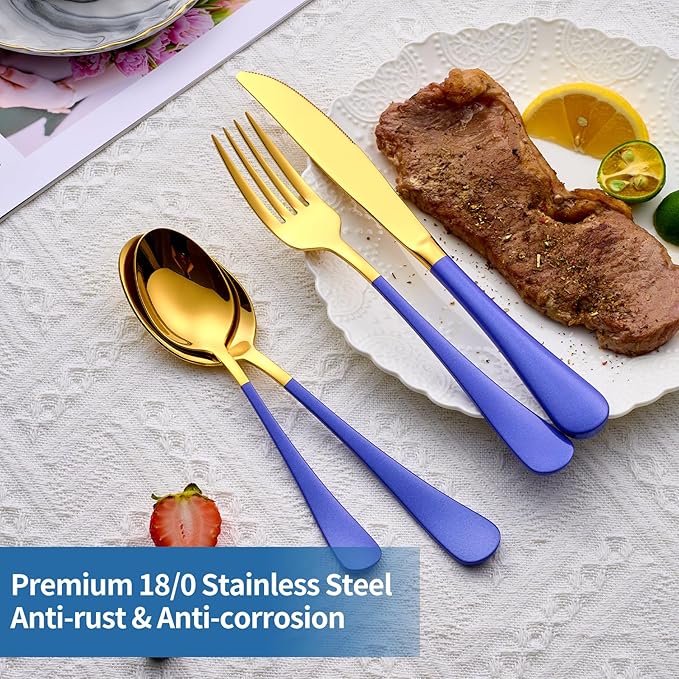 20-Piece Blue & Gold Silverware Set, 18/0 Stainless Steel Colorful Handle Flatware Set,Service for 4,Modern Cutlery Set Includes Dinner Knives Forks Spoons,Mirror Polished,Dishwasher Safe