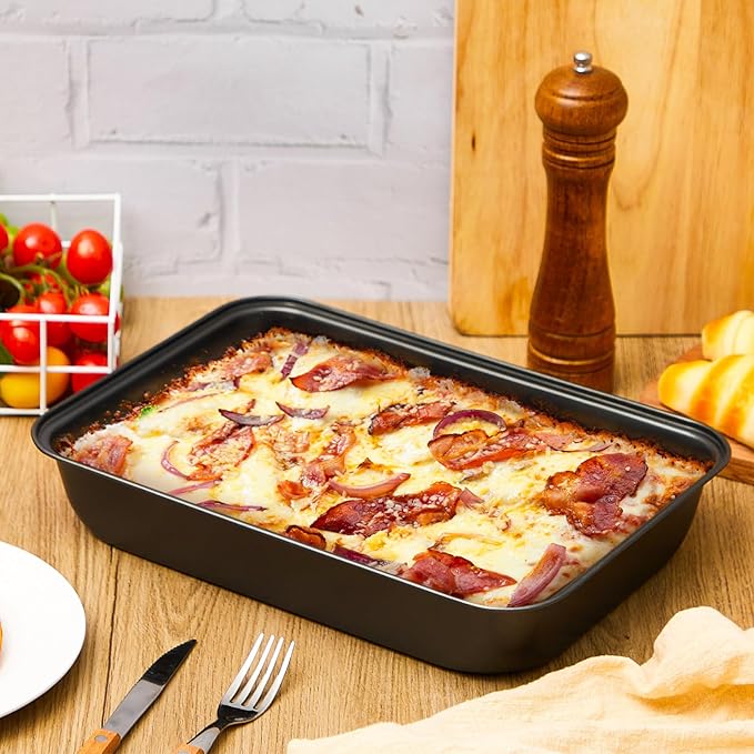 3 Pcs Detroit Style Pizza Pan 13.4 x 9.5 x 2.2 Inch Non Stick Rectangle Deep Pizza Pans Pre Seasoned Carbon Steel Sicilian Style Pan Dish Bakeware Kitchenware