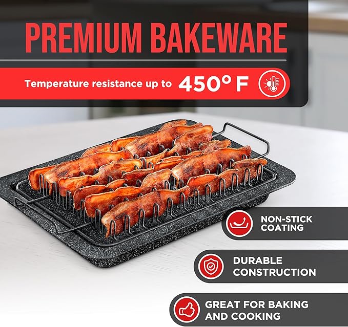 Bakken- Swiss Bacon Tray - 2-Piece Set – Marble Coating - Durable, Non-Stick Cooking Tray for Bacon – Black Stone Tray and Carbon Steel Rack