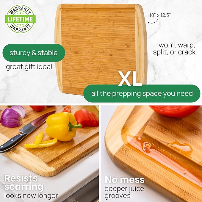 Organic 18 Inch Extra Large Bamboo Cutting Board with Lifetime Replacements - Non Toxic Wood Chopping Board with Juice Groove for Kitchen, Meat, Vegetables, and Food Prep Prep by Greener Chef