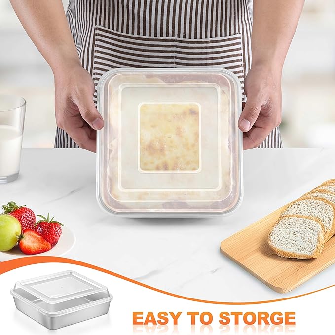 Herogo Baking Pan with Lid, 9''x 9'' Stainless Steel Nonstick Square Deep Cake Pan, Rectangle Cakes Bakeware for Brownies Casseroles, Non Toxic & Dishwasher Safe, Set of 4