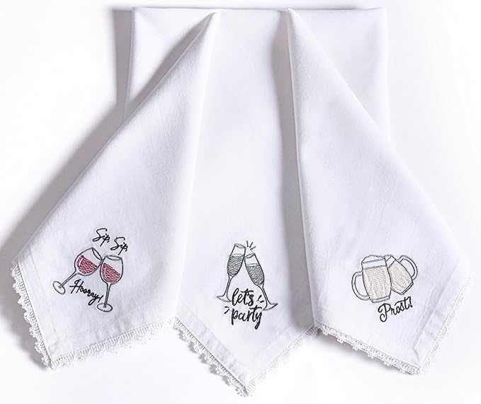 Bedding Craft Cotton Cloth Dinner Napkins Set of 12 – 18x18 Embroidered Motif with Decorative Lace Edges – Machine Washable Fabric Napkins for Weddings, Baby Showers, Christmas & Easter