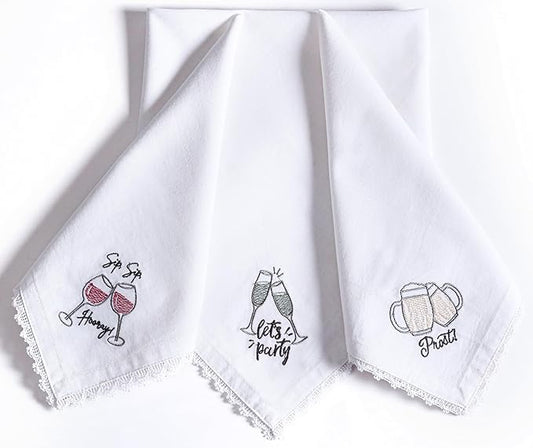 Bedding Craft Cotton Cloth Dinner Napkins Set of 12 – 18x18 Embroidered Motif with Decorative Lace Edges – Machine Washable Fabric Napkins for Weddings, Baby Showers, Christmas & Easter