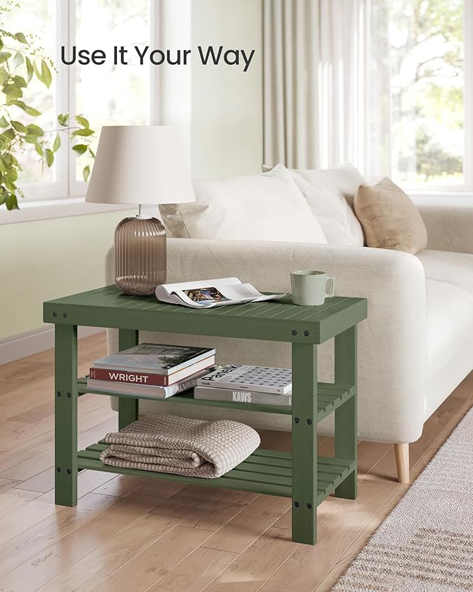 SONGMICS Shoe Rack Bench, 3-Tier Bamboo Shoe Storage Organizer, Entryway Bench, Holds Up to 286 lb, 11.3 x 27.6 x 17.8 Inches, for Entryway Bathroom Bedroom, Forest Green ULBS004C01