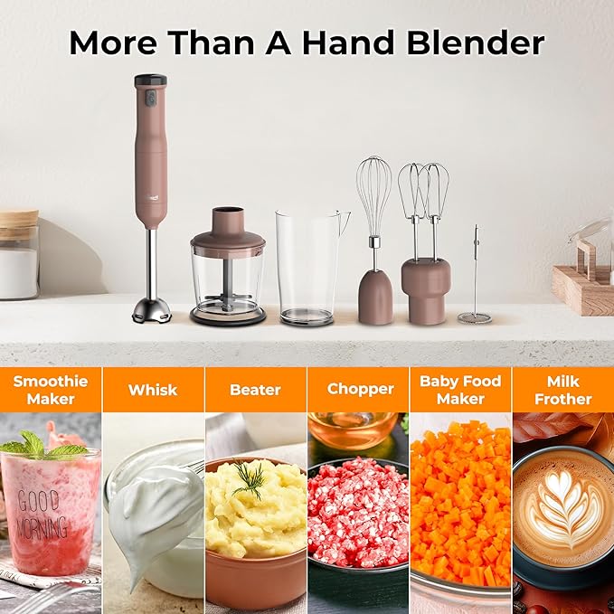 Rosewill 6-in-1 Multi-Speed Cordless Rechargeable Immersion Hand Blender, Heavy Duty Motor - Stick Blender, Beaker, Whisk, Chopper, Dual Beater, Milk Frother - For Smoothies, Baby Food, Soup (Mocha)