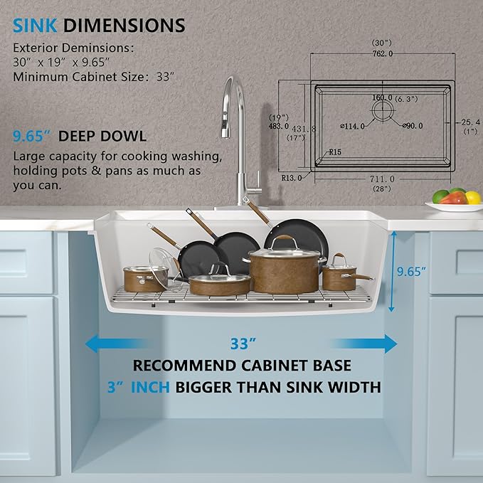 30"x19" Granite Composite Kitchen Sink - White Undermount Ledge Workstation Quartz Classic Under Counter Single Bowl Basin