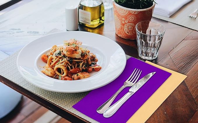 Ruvanti Cloth Napkins Set of 12, 18x18 Napkins Cloth Washable, Soft, Durable, Absorbent, Cotton Blend. Table Dinner Napkins Cloth for Hotel, Lunch, Restaurant, Wedding Parties - Purple & Ivory Gold