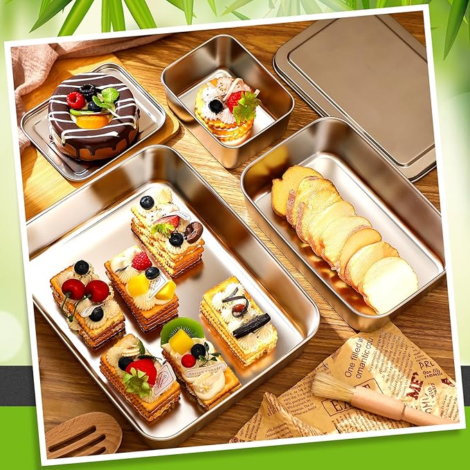 Tioncy 3 Sets Stainless Steel Cake Pan with Lid 11/9/5 Inch Rectangle Sheet Baking Pan with Covers Bakeware with Lids for Cakes Breads Casseroles Fish Vegetables and More