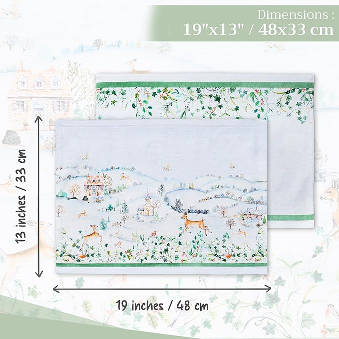 Maison d' Hermine Placemats Set of 4 100% Cotton Washable Cloth Place Mats, Reusable Table Mats for Thanksgiving Christmas Decorations Kitchen Dining Party Wedding Restaurant (Snowy World, 13" x 19")
