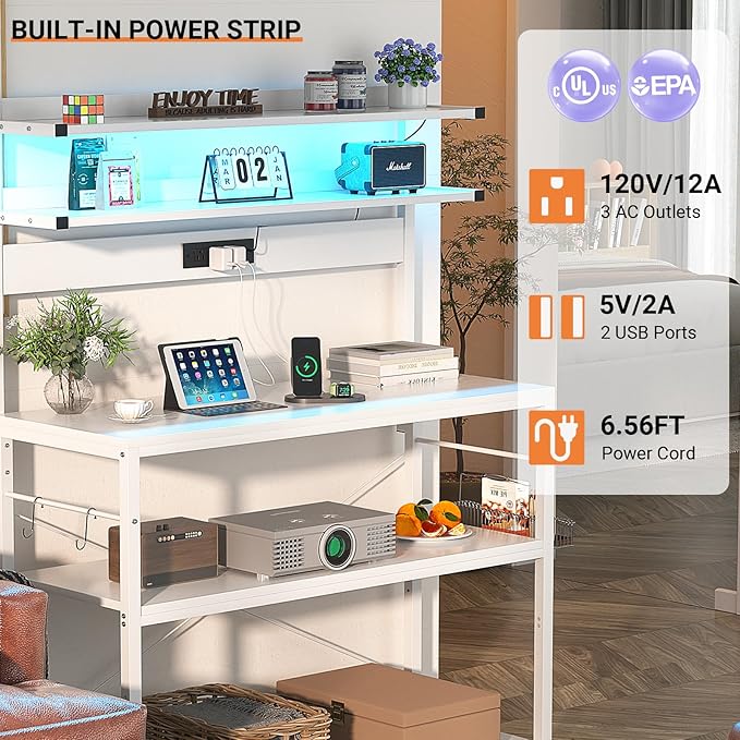 Aheaplus Bakers Rack with Power Outlet, Microwave Stand, 5 Tiers Coffee Bar Station with Led Lights, Kitchen Storage Shelf with 6 S-Shaped Hooks, Kitchen Rack Coffee Bar Stand, White