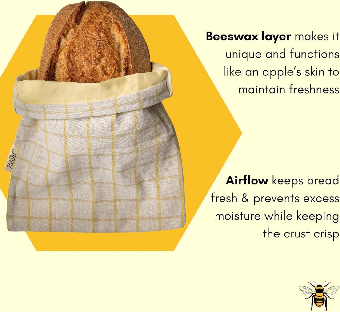 Keeki Bag - The Original Beeswax Lined Bread Bag for Homemade & Sourdough | Reusable Linen Bread Storage | Beeswax Wrap Alternative | Plastic-Free Storage w/Wide Drawstring Closure (Natural)