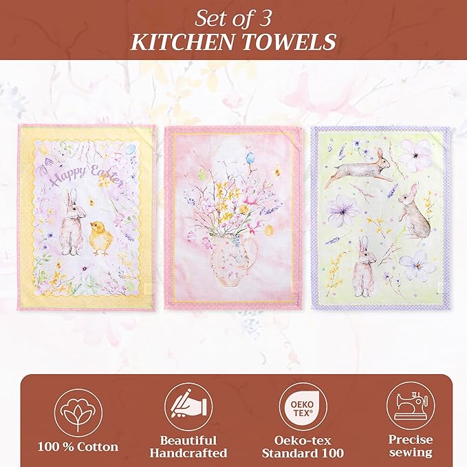 Maison d' Hermine Kitchen Towels Set of 3 100% Cotton 27.50" x 20" Reusable Cloth Tea Dish Towels Absorbent with Hanging Loop for Kitchen, Home, Dining, Cocktail Parties Spring/Summer (Easter Zest)